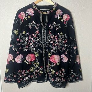 Boston Proper 1X Black Kimono Style Embroidered Bohemian Jacket Floral Artsy